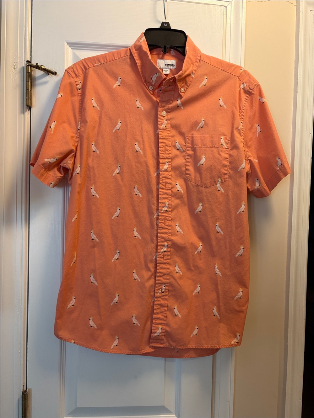 Sonoma Coral-Orange Short Sleeve Button-Down Shirt with White Bird Print